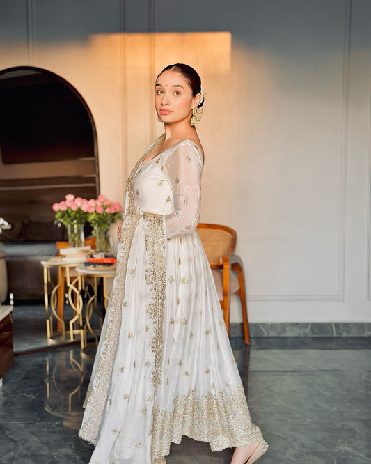 Adorable Chinon Silk White Color Sequence Work Gown