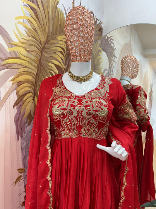 Wonderful Embroidery Work Red Color Gown