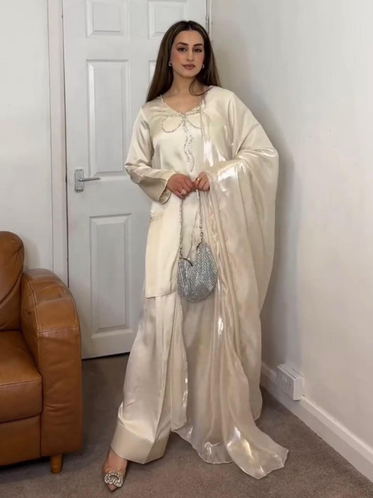 Stunning Sequence Work Off White Color Palazzo Suit