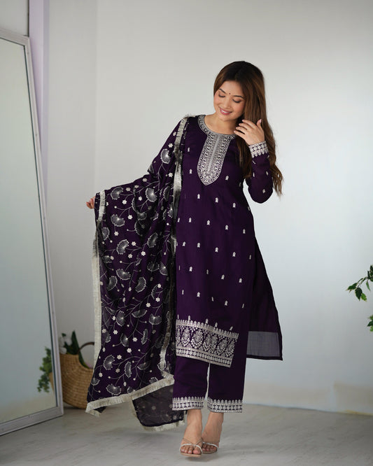 Gorgeous Wine Color Rangoli Silk Fabric Kurta With Dupatta Set