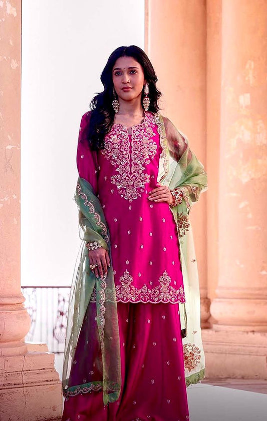 Ravishing Pink Silk with Sequence Work Palazzo Suit