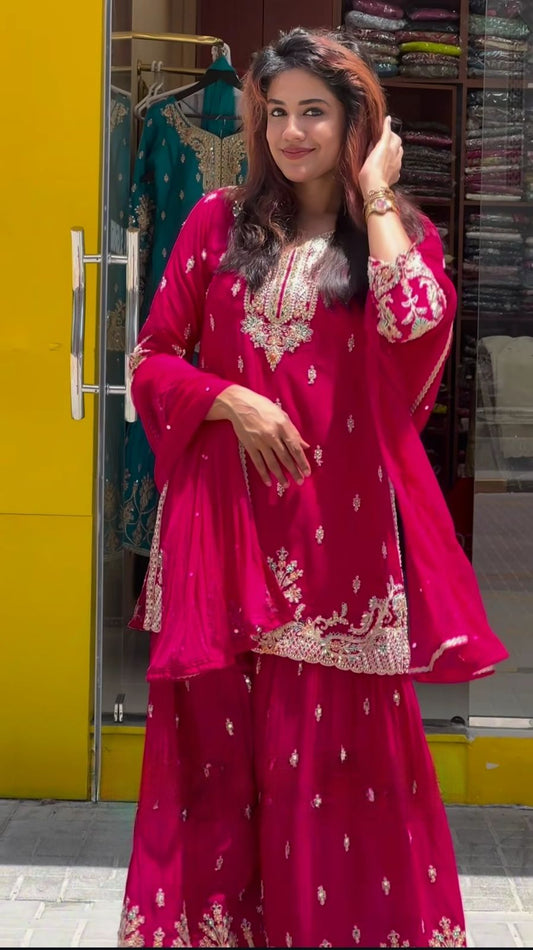 Ravishing Embroidery Work Pink Color Sharara Suit