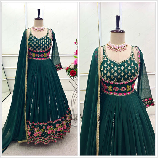 Trendy Green Georgette Embroidery Work Gown