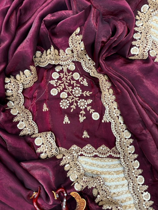 Beautiful Silk Embroidery Work Wine Color Saree