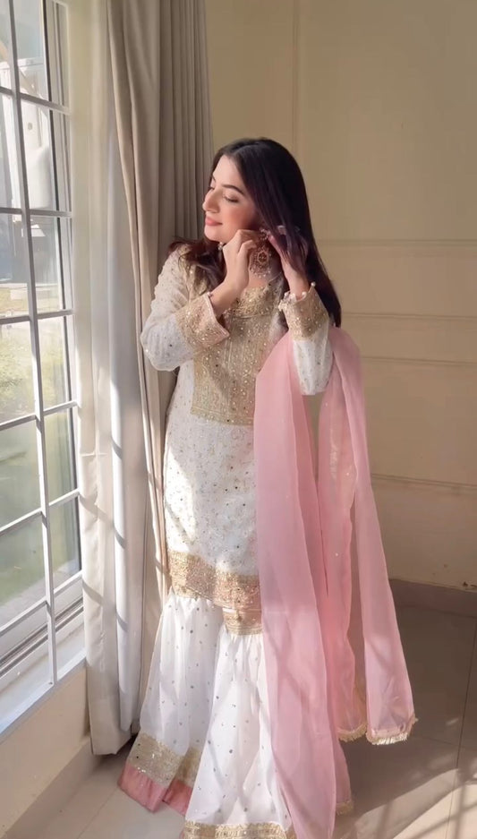 Fantastic Embroidery Work White Color Sharara Suit
