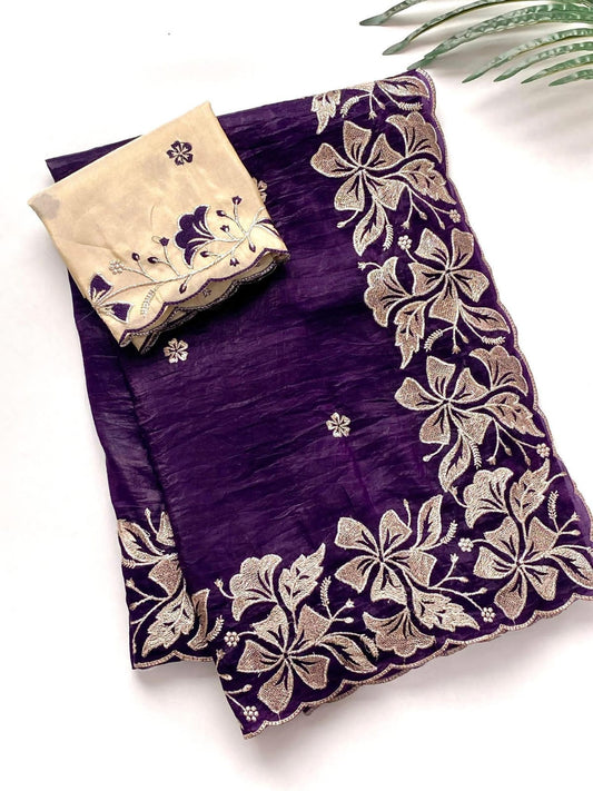 Festive Wear Purple Color Flower Embroidery Silk Saree