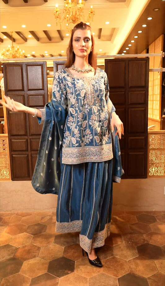 Preferable Embroidery Work Blue Color Palazzo Suit