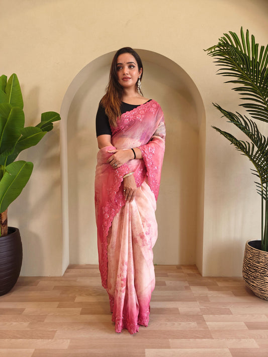 Classic Pink Color Digital Print Organza Saree
