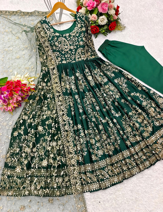 Chinnon Silk Green Color Heavy Sequence Work Long Gown