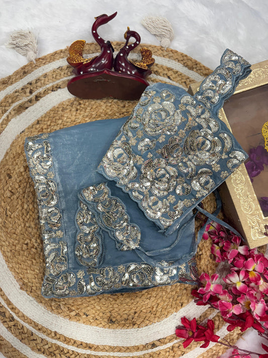 Lovely Grey Silk Cording Work Saree