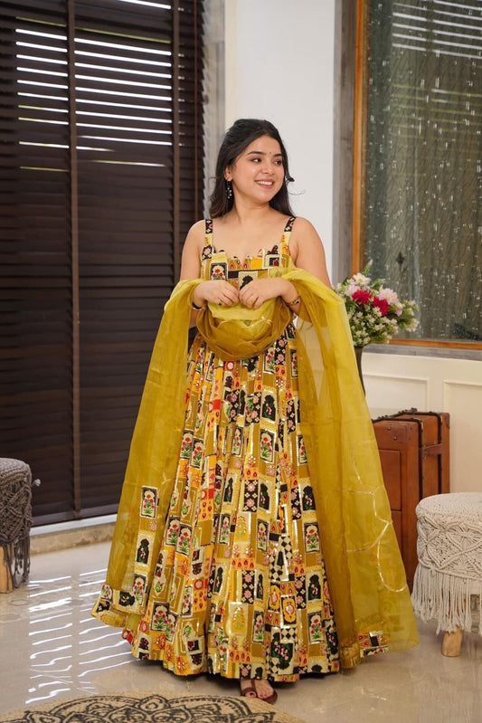 Beautiful Organza Silk Digital Print Yellow Color Anarkali Gown
