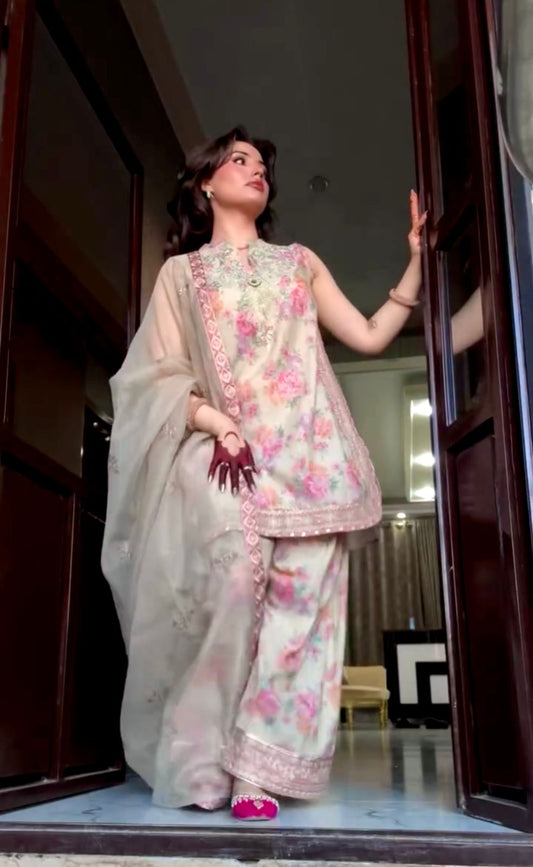 Punjabi Style Off White Color Flower Printed Palazzo Suit