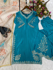 Stunning Chinon Embroidery Work Sky Blue Color Sharara Suit Stunning Chinon Embroidery Work Sky Blue Color Sharara Suit