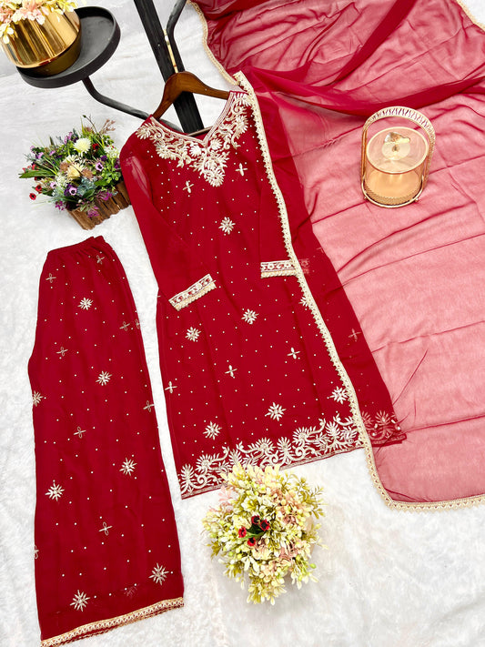 Elegant Embroidery Work Red Color Palazzo Suit