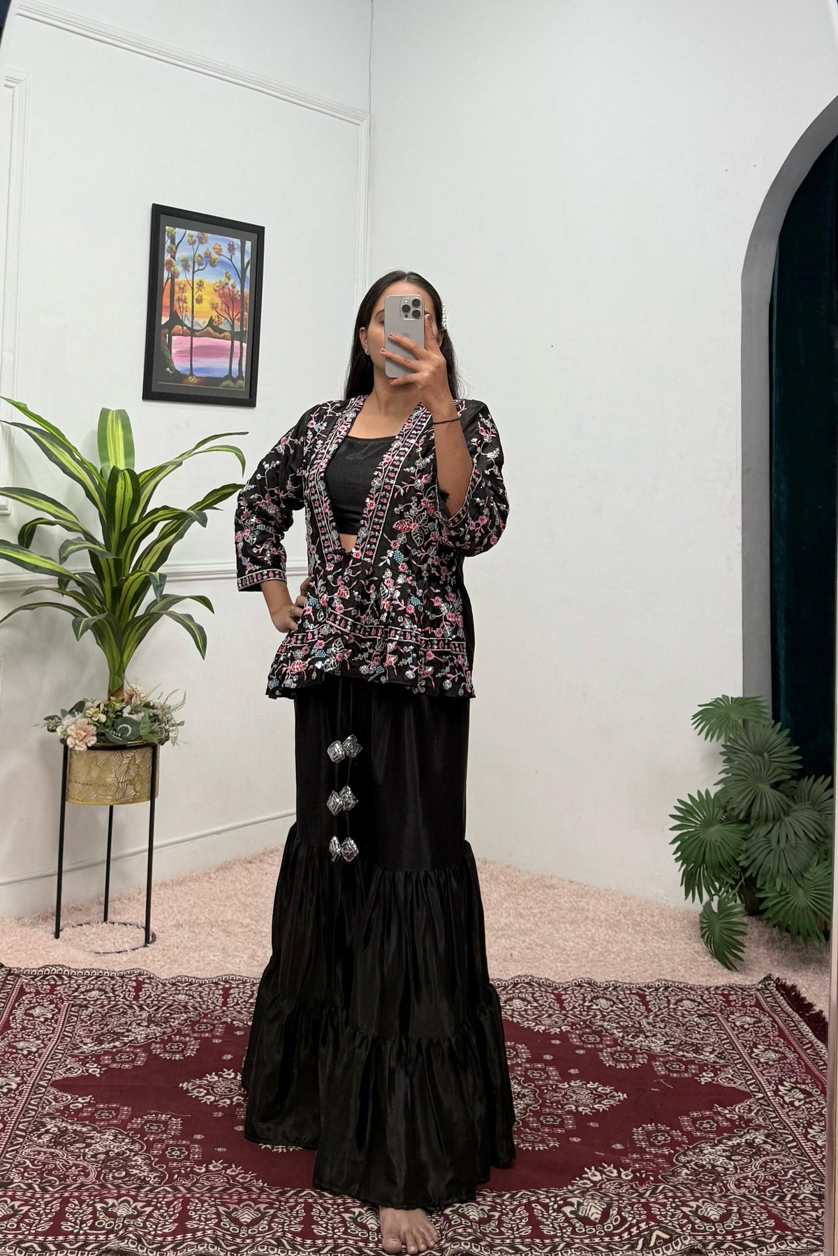 Function Wear Chinon Silk Black Color Sharara Suit