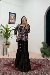 Function Wear Chinon Silk Black Color Sharara Suit Function Wear Chinon Silk Black Color Sharara Suit