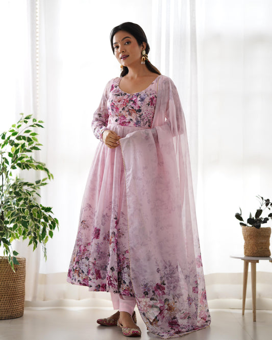 Good Looking Multi Flower Printed Pink Color Anarkali Suit