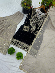 Precious Embroidery Sequence Work Black Color Sharara Suit Precious Embroidery Sequence Work Black Color Sharara Suit