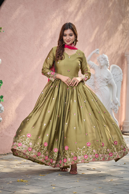 Rangoli Silk Mehndi Color Decent Gown With Pink Dupatta