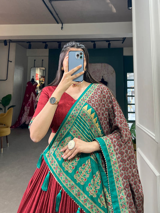 Traditional wear Tussar Silk Red Color Lehenga Choli