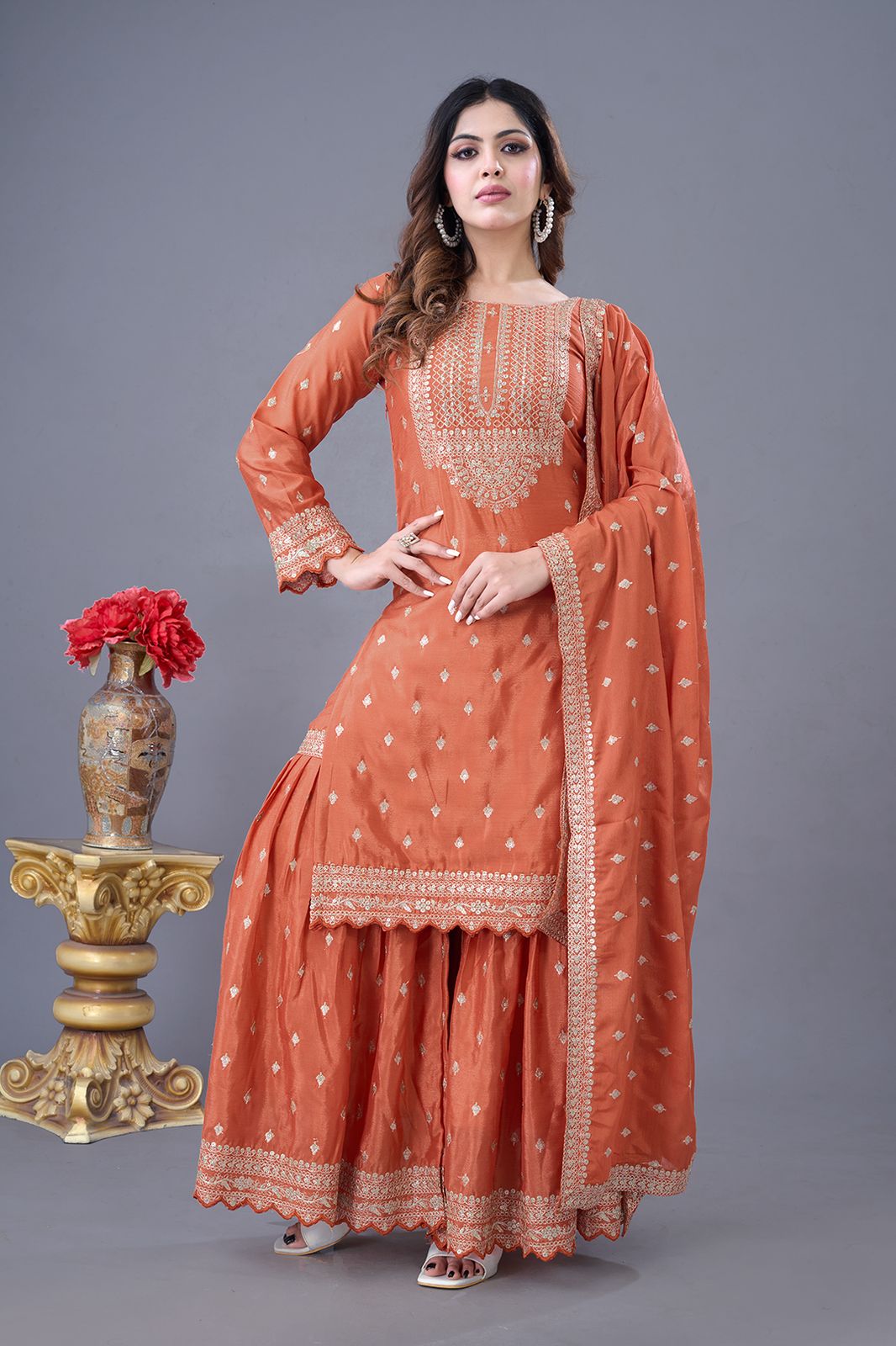 Delightful Chinon Silk Orange Color Sharara Suit