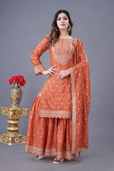 Delightful Chinon Silk Orange Color Sharara Suit Delightful Chinon Silk Orange Color Sharara Suit