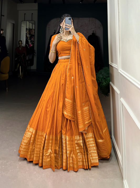 Designer Zari Weaving Work Orange Color Lehenga Choli