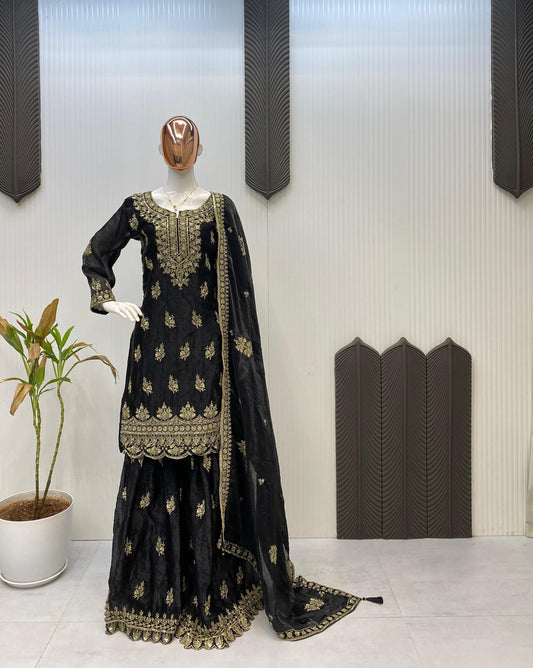 Ravishing Black Fendy Embroidery Work Sharara Suit