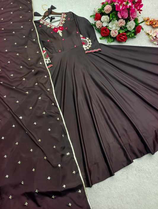 Gorgeous Brown Satin Silk Sequence Work Gown