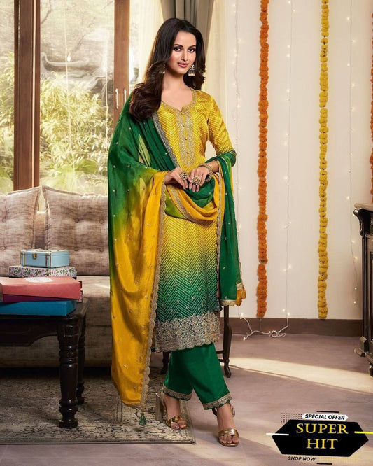 Precious Embroidery Work Yellow With Green Color Salwar Suit