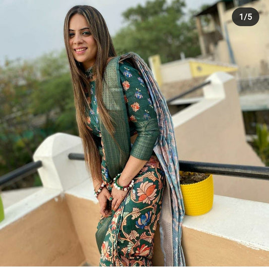 Green Color Printed Cotton Saree