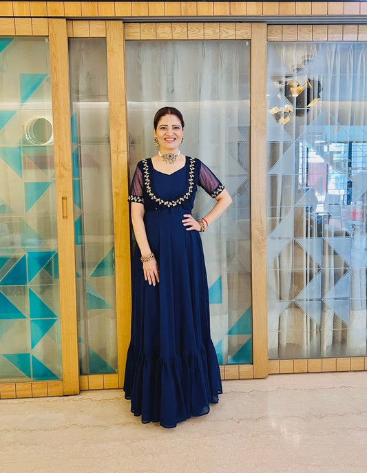 Wonderful Embroidery Work Navy Blue Color Gown With Koti