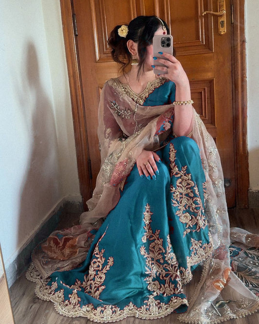 Stunning Chinon Embroidery Work Sky Blue Color Sharara Suit