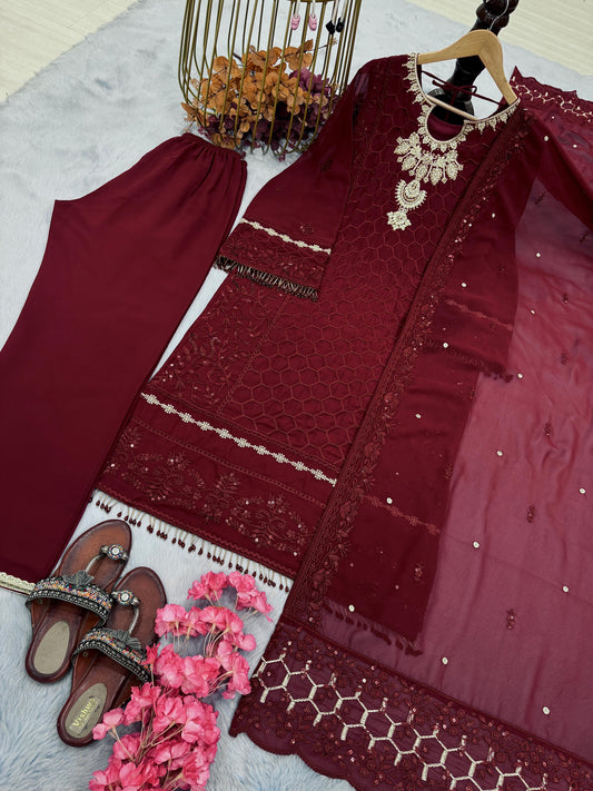 Fantastic Embroidery Sequence Work Maroon Color Plazzo Suit