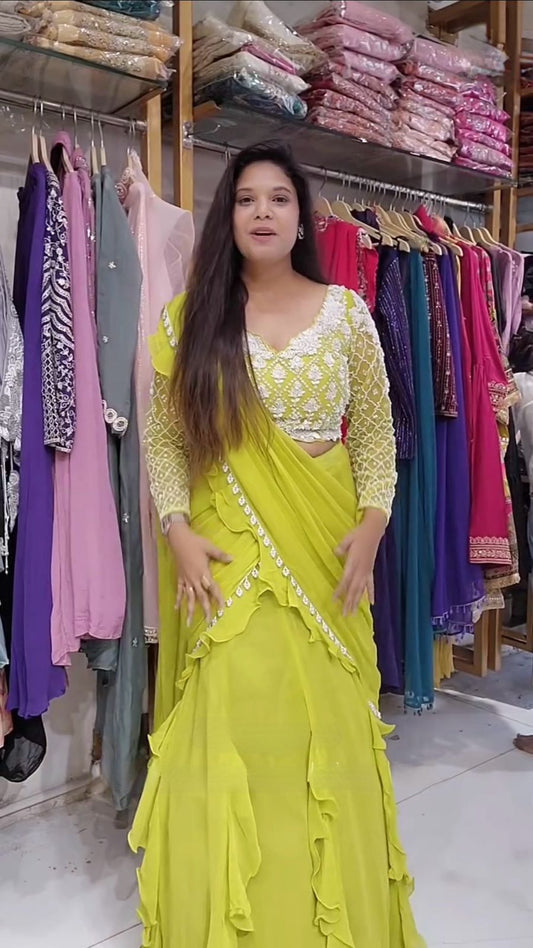 Lemon Color Georgette Ready To Wear Lehenga Saree
