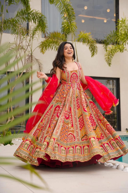 Gorgeous Red Organza Printed Anarkali Gown