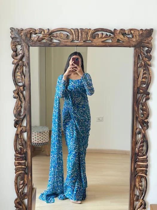 Awesome Digital Print Blue Color Ready To Wear Saree