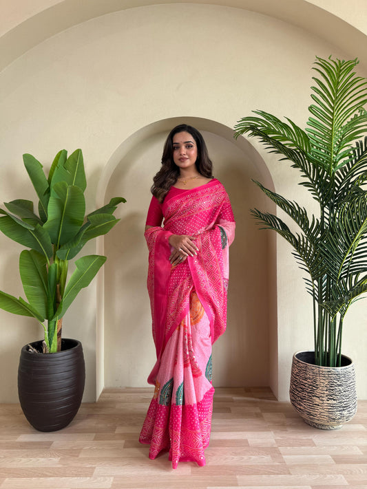 Adorable Bandhani Print Pink Color Saree