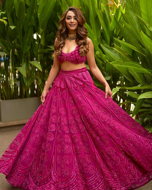 Glorious Pink Silk Thread Work Lehenga Choli