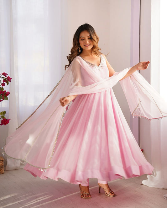 Trendy Georgette Hotfix Work Pink Color Anarkali Gown