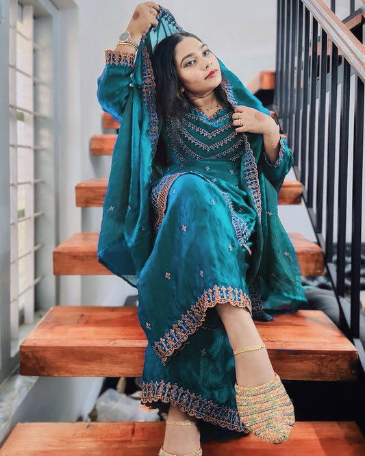 Function Wear Embroidery Work Teal Green Color Palazzo Suit
