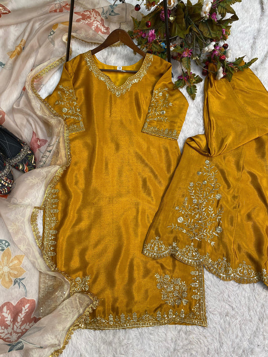 Stunning Chinon Embroidery Work Mustard Color Sharara Suit