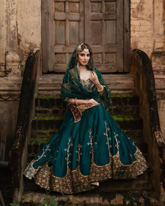 Traditional Wear Heavy Work Green Color Top With Lehenga