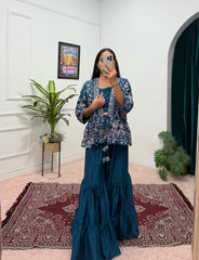 Function Wear Chinon Silk Teal Blue Color Sharara Suit Function Wear Chinon Silk Teal Blue Color Sharara Suit