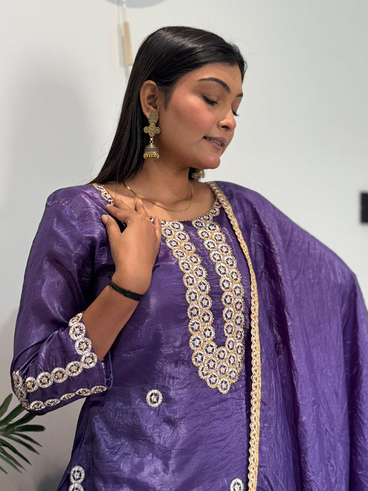 Pretty Purple Crush Silk Embroidery Work Palazzo Suit