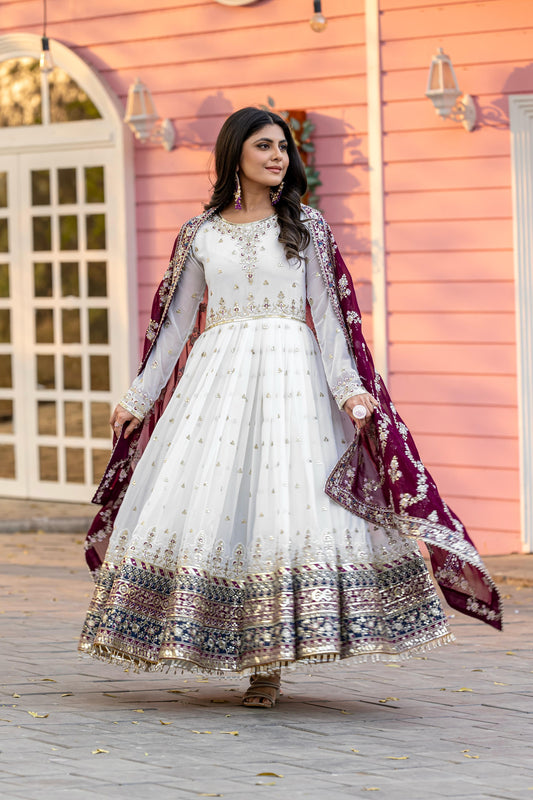 Preferable Georgette White Color Gown With Wine dupatta