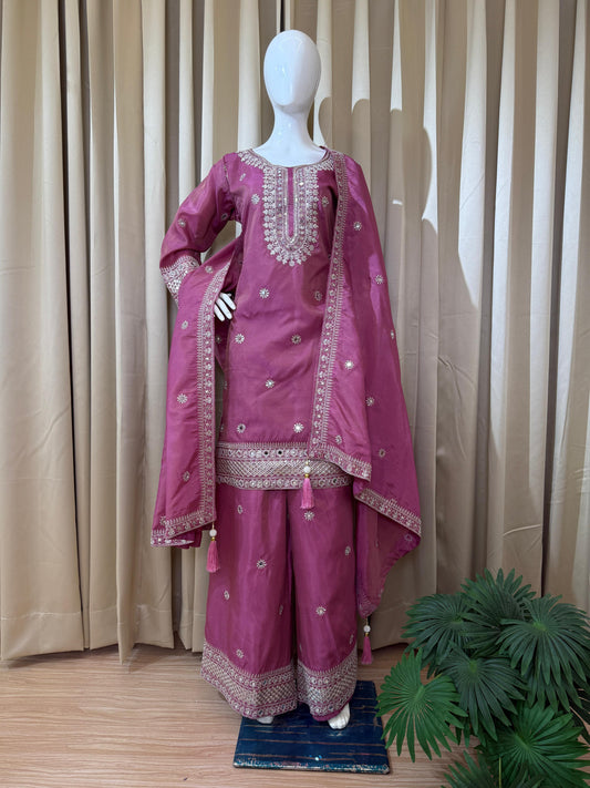 Gorgeous Pink Simmer Embroidery Work Palazzo Suit