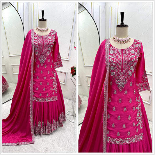 Good Looking Embroidery Work Pink Color Top With Lehenga Choli