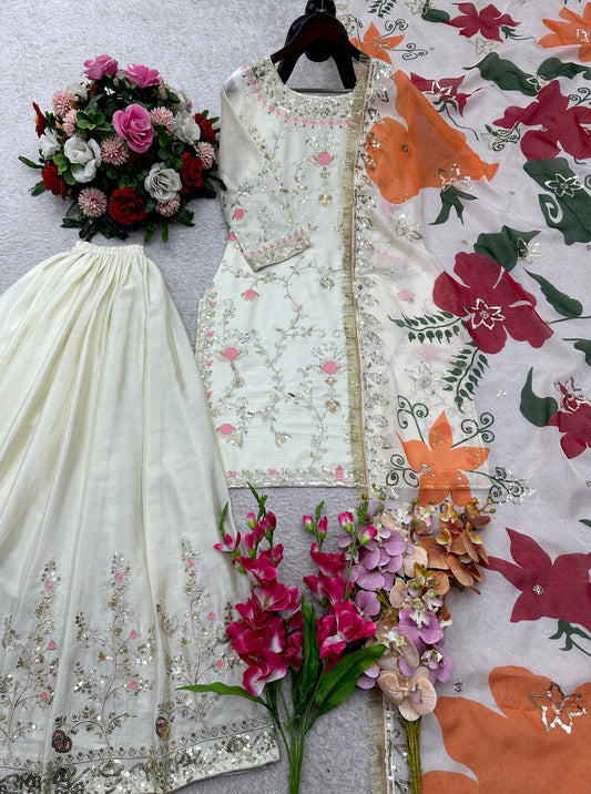 Exclusive White Chinon Silk Sequence Work Sharara Suit