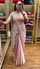 Glossy Embroidery Work Peach Color Ready To Wear Saree Glossy Embroidery Work Peach Color Ready To Wear Saree